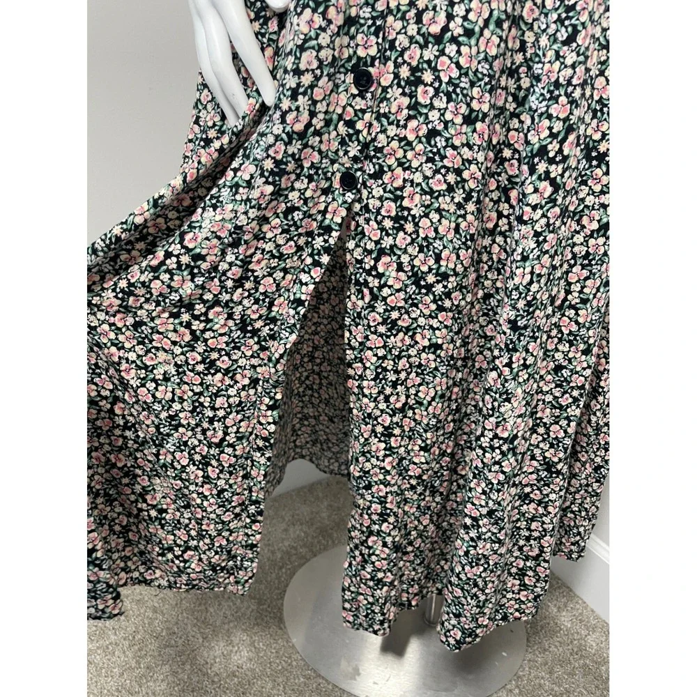 Free People Debbie-Jean Maxi Shirt Dress Black Pink Ditsy Floral Duster XS